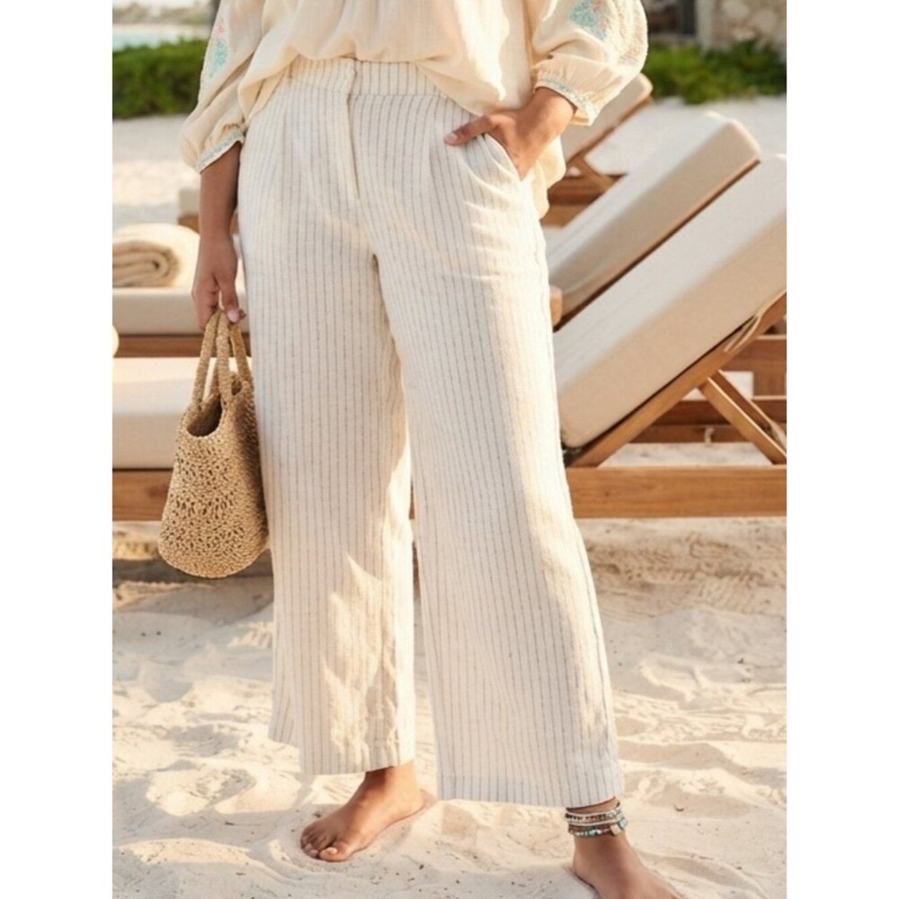 Lane Bryant Cream & Tan Striped Linen Blend Wide Leg Pants Size 16R